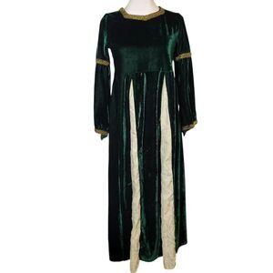 Medieval Renaissance Dress Gown Velvet Green Gold Cosplay Costume Celtic Elven